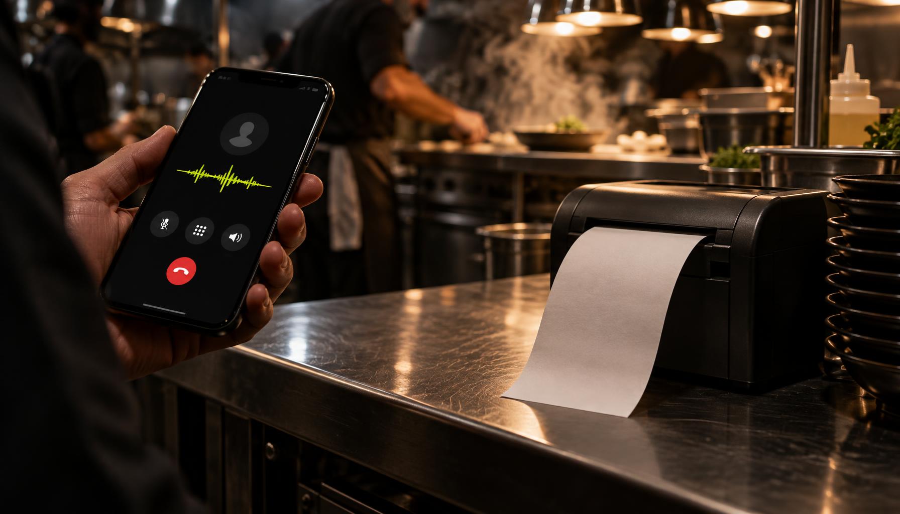 A phone call in progress next to a kitchen order printer in a takeaway