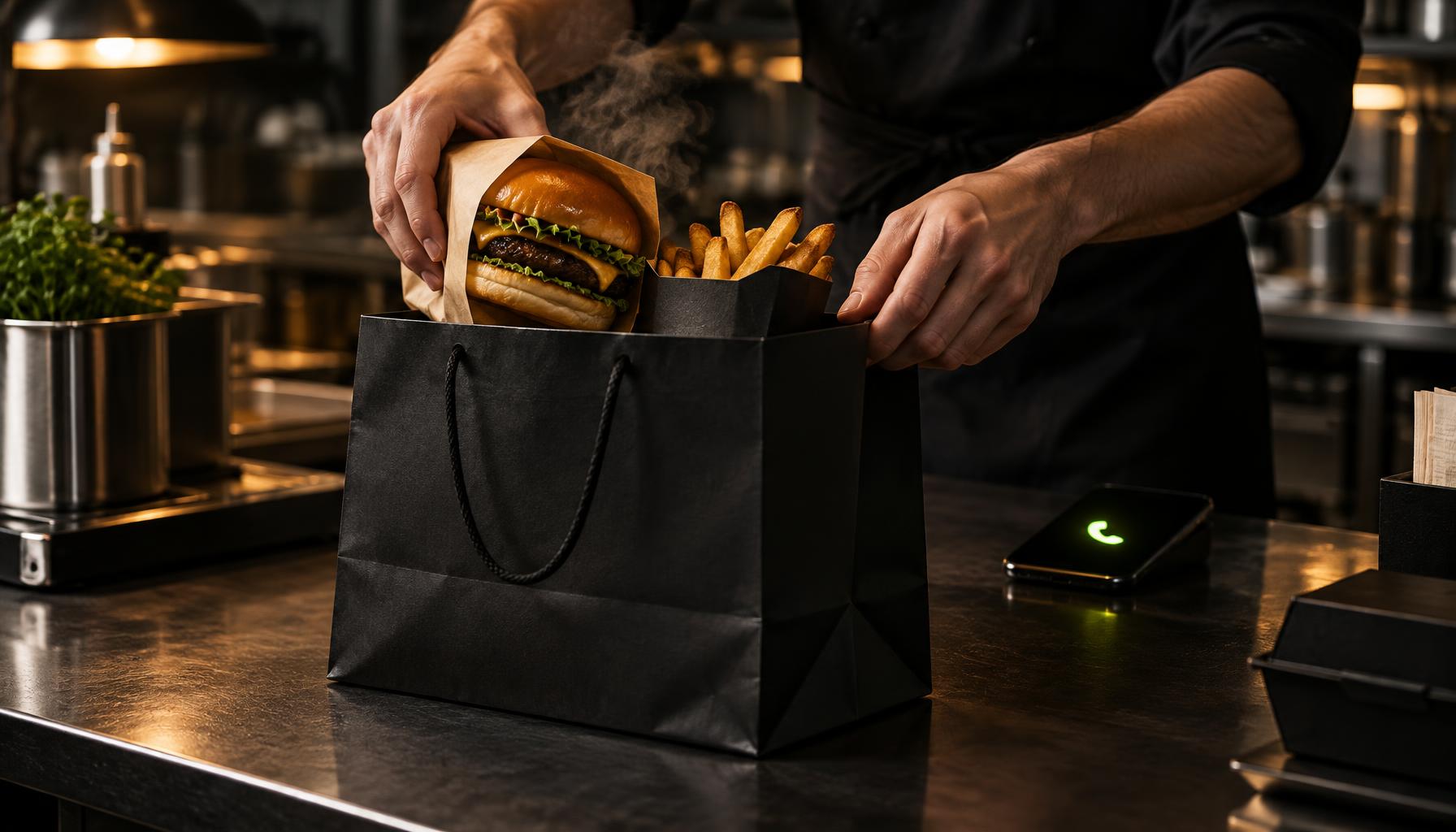 A freshly packed takeaway order on a kitchen counter with a phone showing an active call