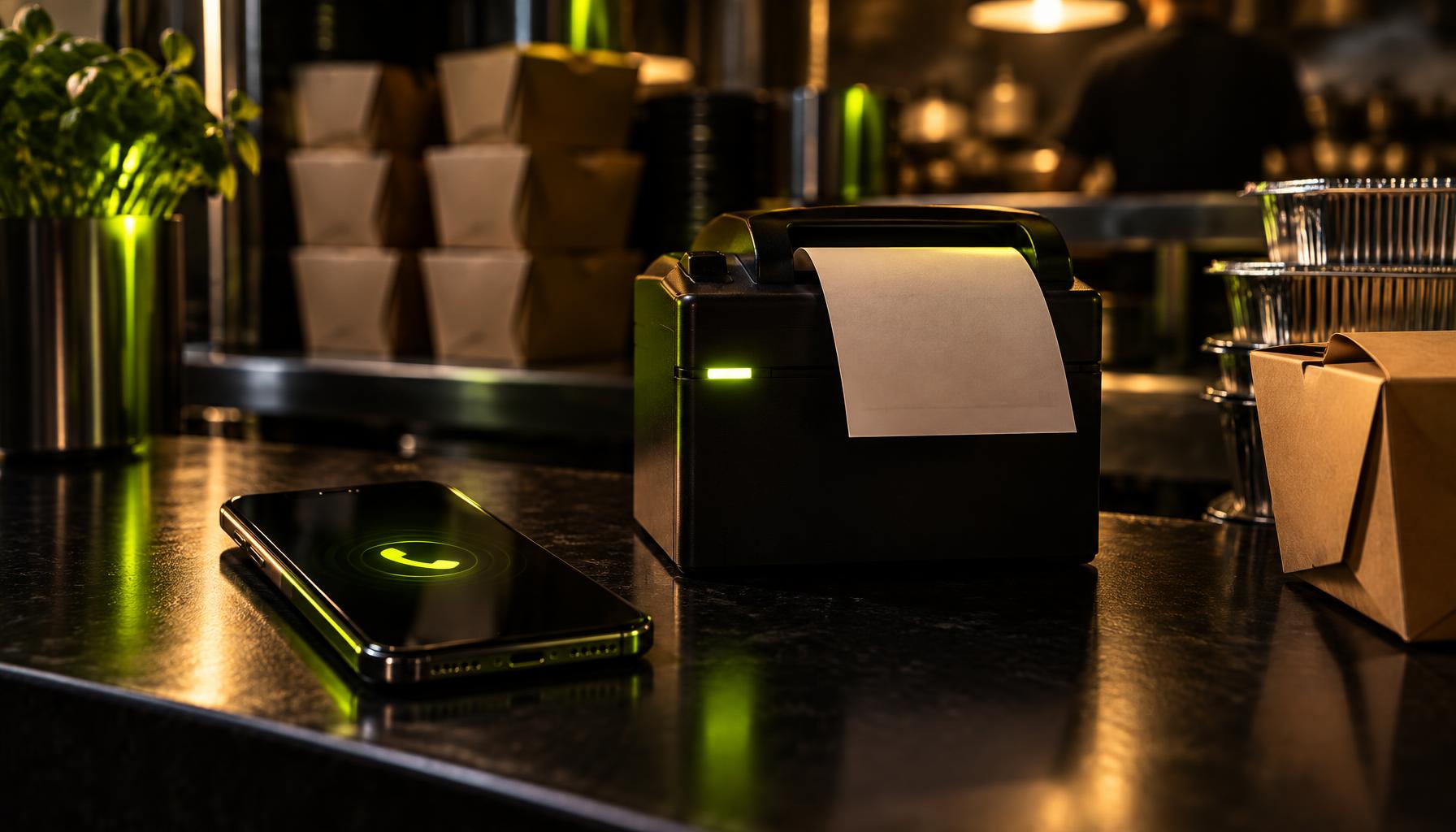 A takeaway phone ringing on the counter while a kitchen order ticket prints
